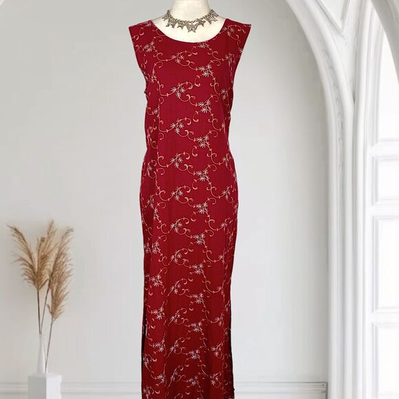 Romantic Linen Flower Embroidered Midi Maxi Dress L Jane Ashley - Picture 1 of 7